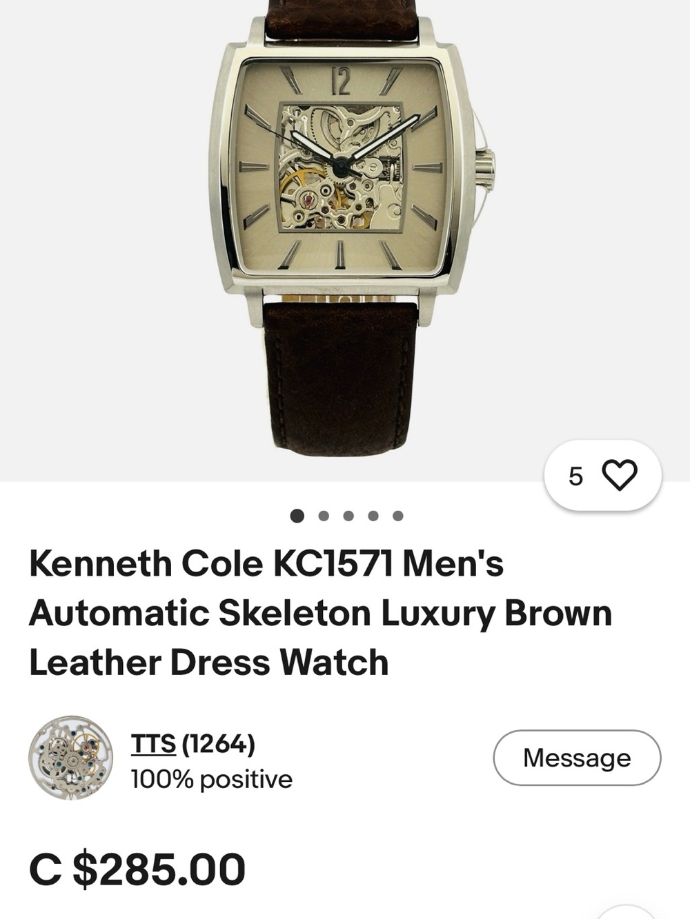 Kenneth Cole Square semi Skeleton Dress Watch with stainless steel strap